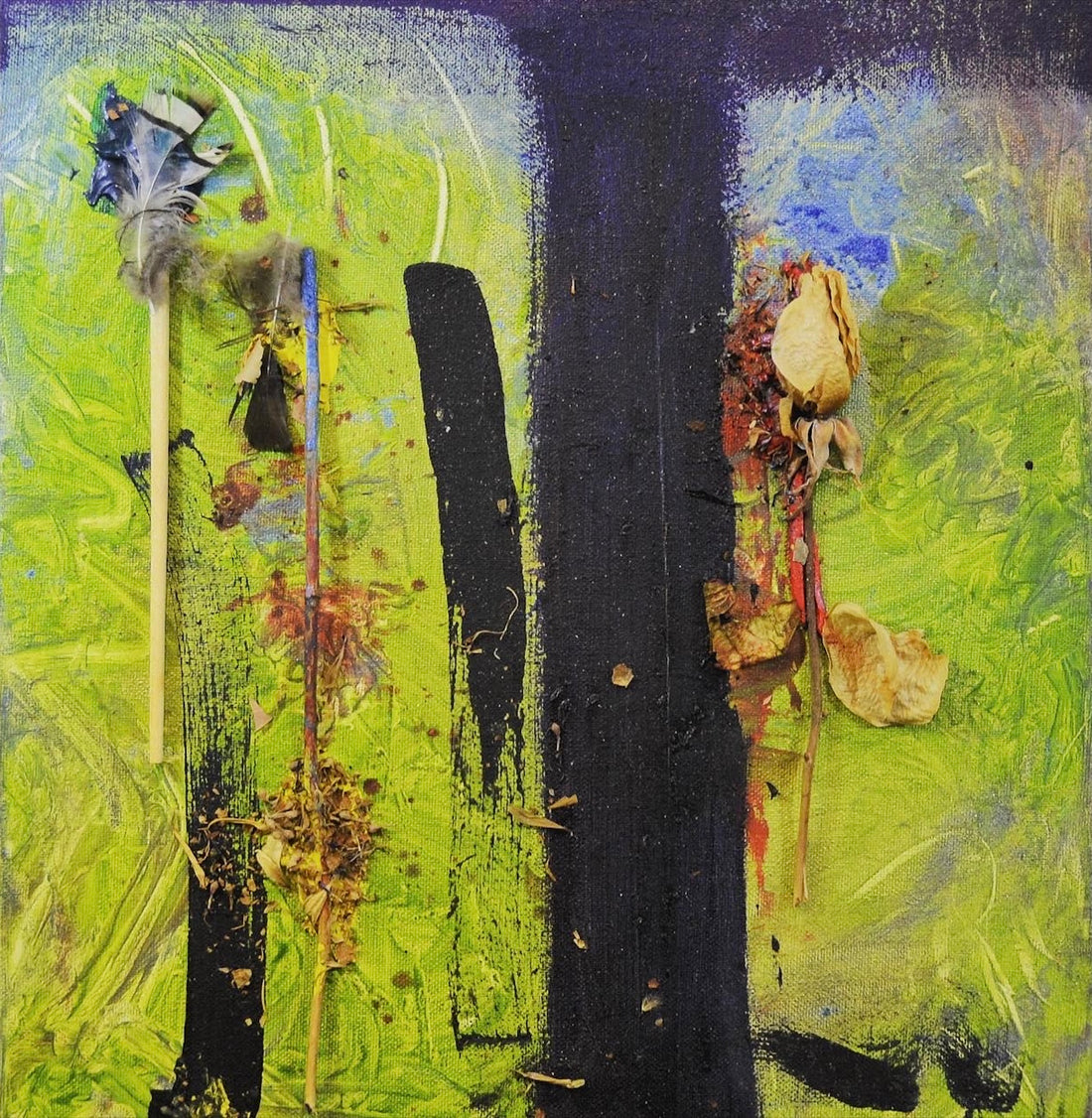 Nature on canvas mixed media painting on 18x24 stretched substrate by SAINT KYRIAKI Katie Chonacas. Combines heavy black oak tree structures with organic feathers mounted on a bamboo chopstick and a preserved pink rosebud.