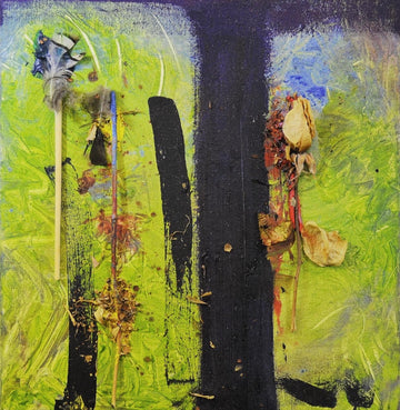 Nature on canvas mixed media painting on 18x24 stretched substrate by SAINT KYRIAKI Katie Chonacas. Combines heavy black oak tree structures with organic feathers mounted on a bamboo chopstick and a preserved pink rosebud.