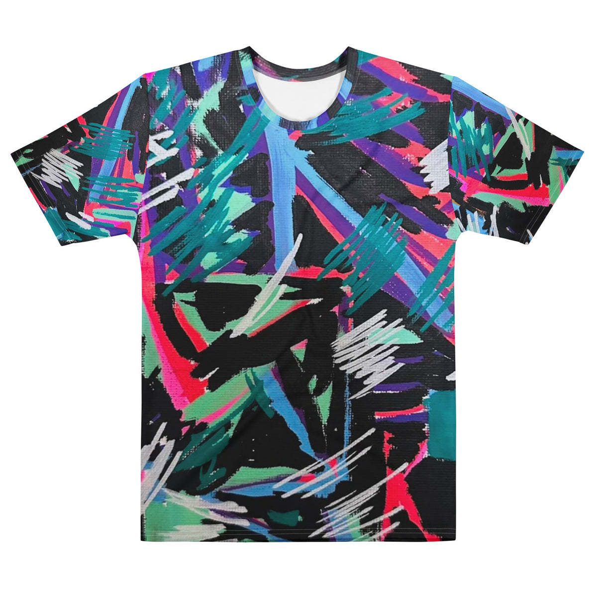 Vibrant abstract expressionist painting featuring electric cyan, neon magenta, and hot pink chevron paths over a dense black ground by SAINT KYRIAKI. Sharp white paint marker strokes evoke cosmic energy.