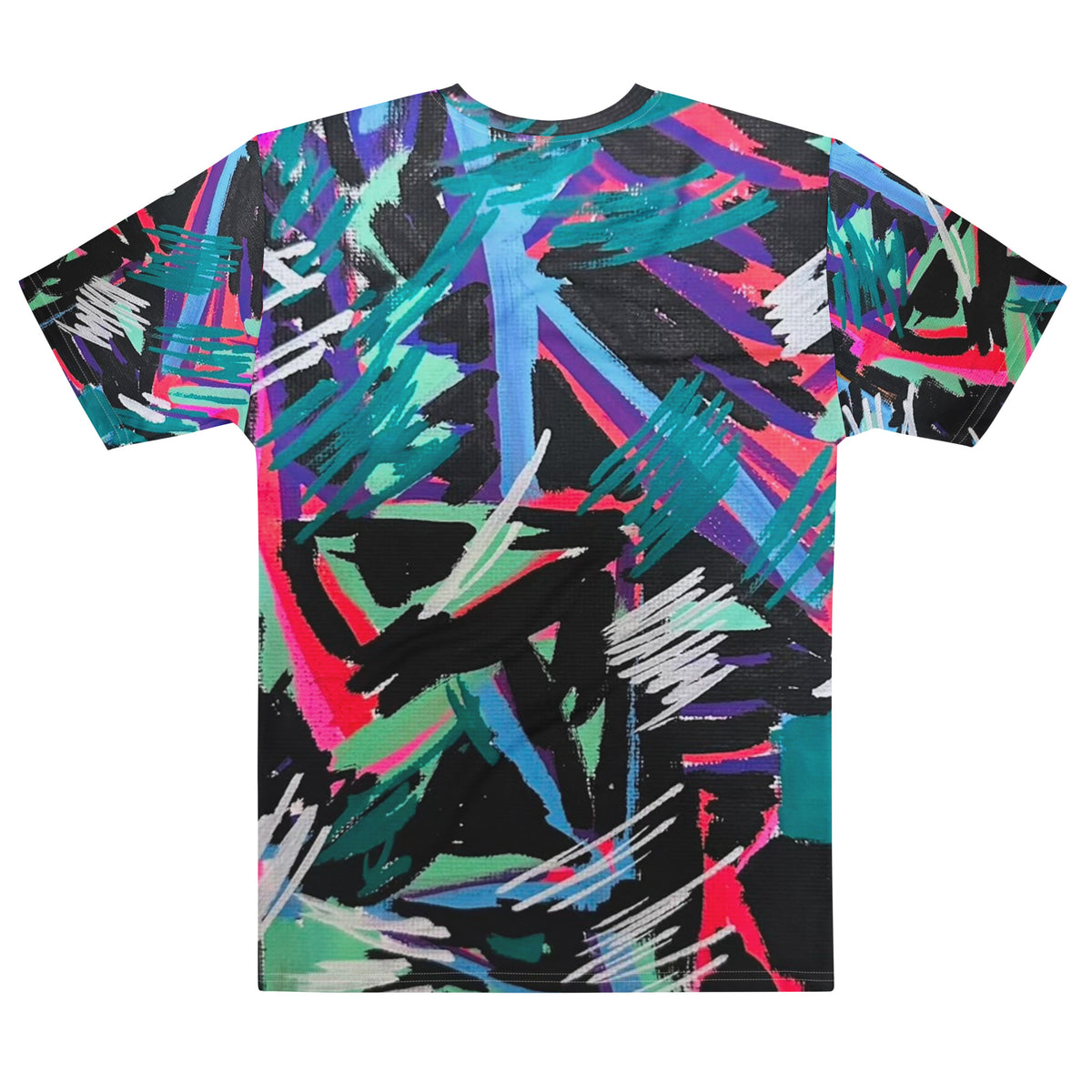 Vibrant abstract expressionist painting featuring electric cyan, neon magenta, and hot pink chevron paths over a dense black ground by SAINT KYRIAKI. Sharp white paint marker strokes evoke cosmic energy.