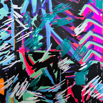 Vibrant abstract expressionist painting featuring electric cyan, neon magenta, and hot pink chevron paths over a dense black ground by SAINT KYRIAKI. Sharp white paint marker strokes evoke cosmic energy.