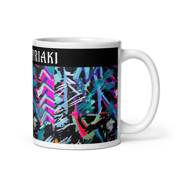Vibrant abstract expressionist painting featuring electric cyan, neon magenta, and hot pink chevron paths over a dense black ground by SAINT KYRIAKI. Sharp white paint marker strokes evoke cosmic energy.