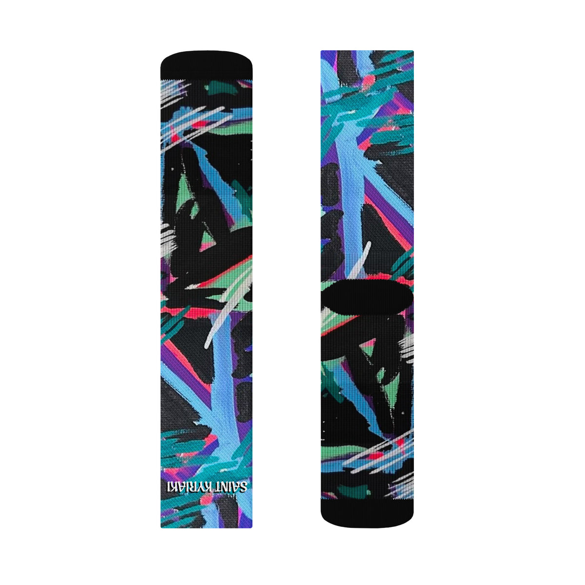 Vibrant abstract expressionist painting featuring electric cyan, neon magenta, and hot pink chevron paths over a dense black ground by SAINT KYRIAKI. Sharp white paint marker strokes evoke cosmic energy.