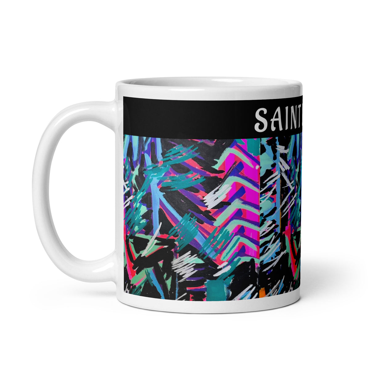 Vibrant abstract expressionist painting featuring electric cyan, neon magenta, and hot pink chevron paths over a dense black ground by SAINT KYRIAKI. Sharp white paint marker strokes evoke cosmic energy.