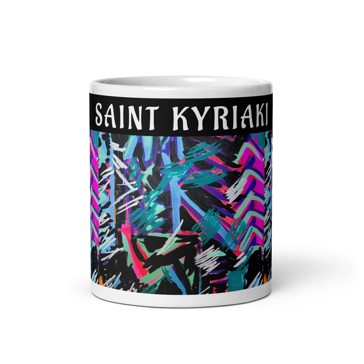 Vibrant abstract expressionist painting featuring electric cyan, neon magenta, and hot pink chevron paths over a dense black ground by SAINT KYRIAKI. Sharp white paint marker strokes evoke cosmic energy.