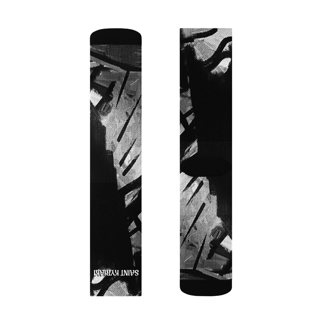 High-contrast monochrome digital photograph print of an original solar eclipse mixed media painting by artist SAINT KYRIAKI Katie Chonacas. Features a bold black sun void and sharp graphic architectural cross-hatch shadows.