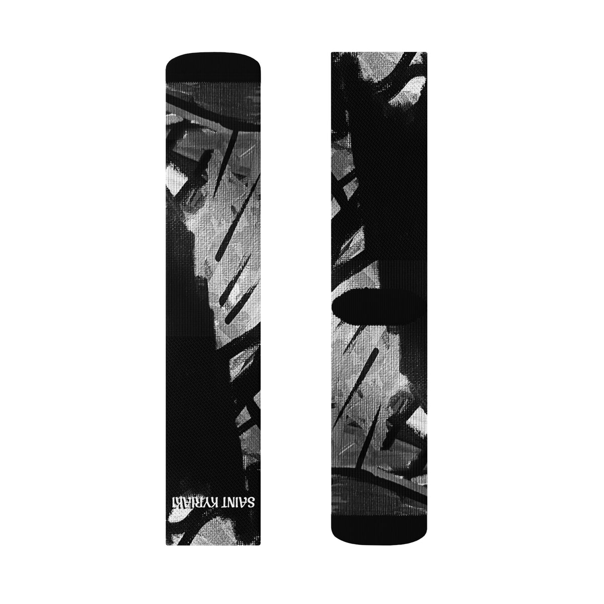 High-contrast monochrome digital photograph print of an original solar eclipse mixed media painting by artist SAINT KYRIAKI Katie Chonacas. Features a bold black sun void and sharp graphic architectural cross-hatch shadows.