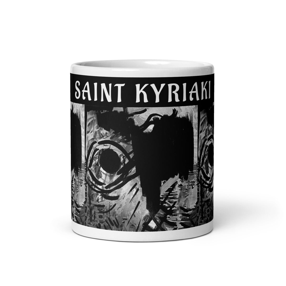 High-contrast monochrome digital photograph print of an original solar eclipse mixed media painting by artist SAINT KYRIAKI Katie Chonacas. Features a bold black sun void and sharp graphic architectural cross-hatch shadows.