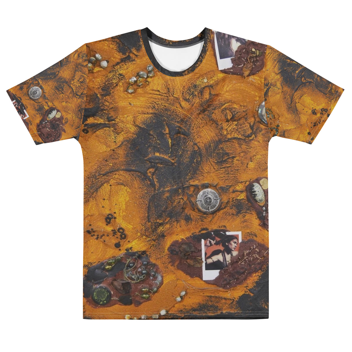 Large 30x30 heavy texture industrial cement assemblage on canvas visualizing a future Mars planet colony by SAINT KYRIAKI. Features embedded mineral rocks from the Dominican Republic and Greek island jewelry.