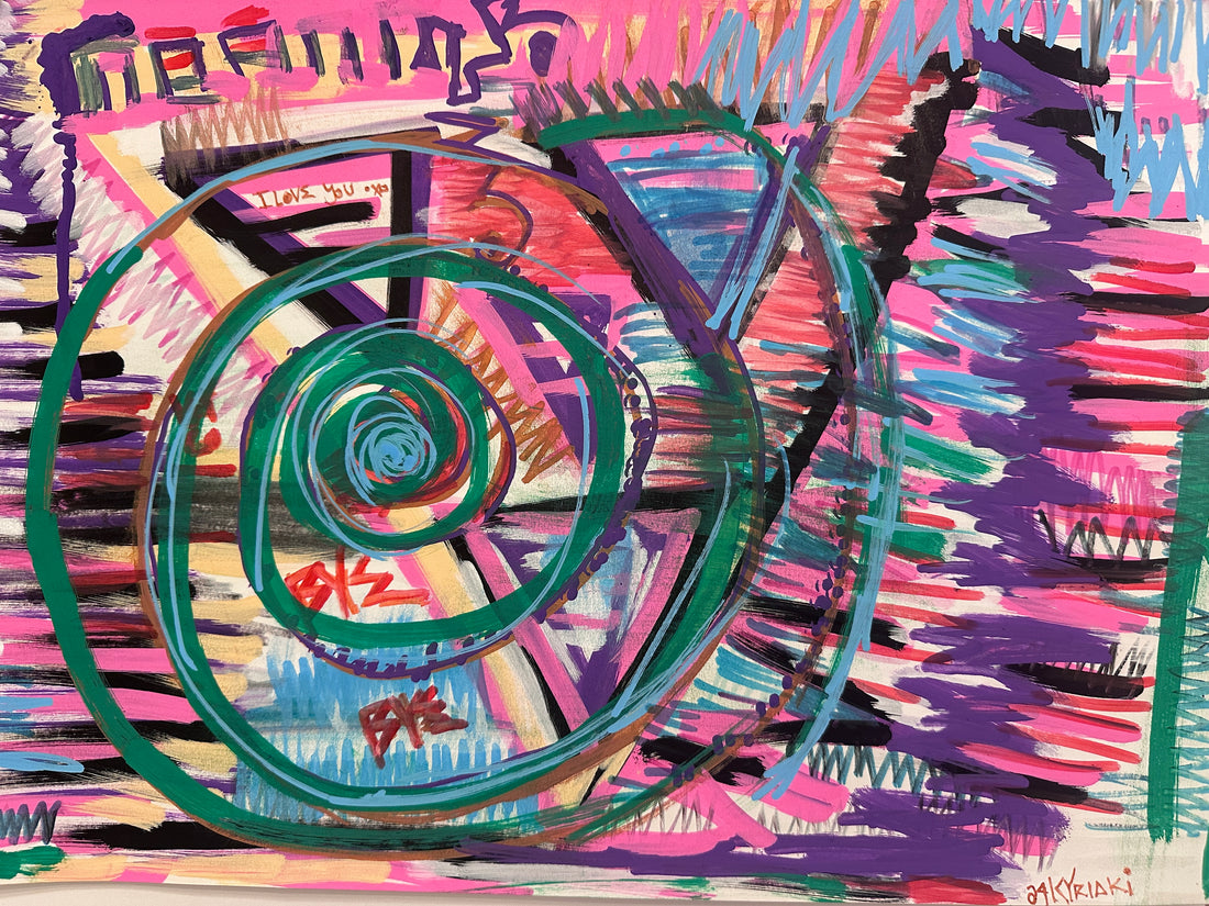 Intricate neon green and deep teal spiral vortex drawing on sketchpad paper by SAINT KYRIAKI. Combines vivid dream galaxy shapes using Posca paint markers with handwritten spoken word typography.