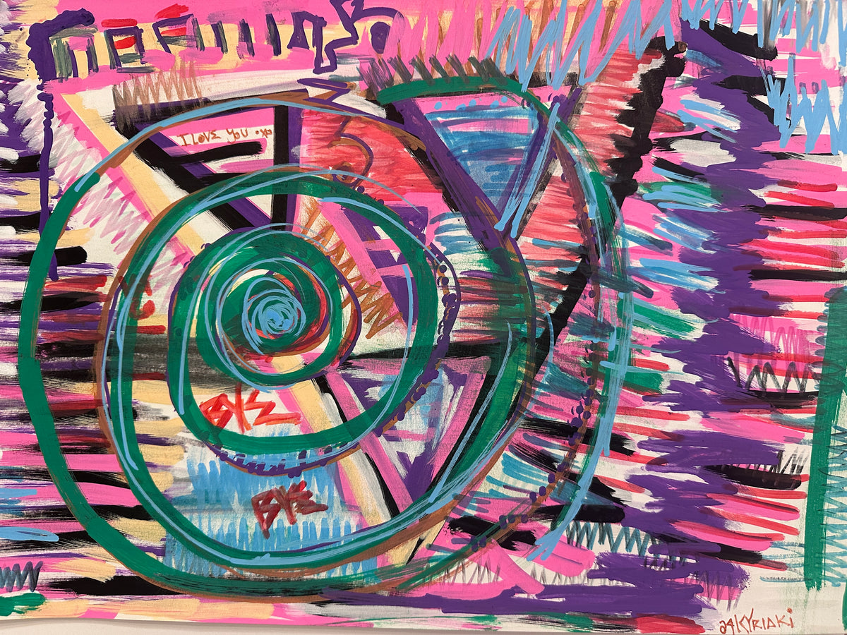 Intricate neon green and deep teal spiral vortex drawing on sketchpad paper by SAINT KYRIAKI. Combines vivid dream galaxy shapes using Posca paint markers with handwritten spoken word typography.