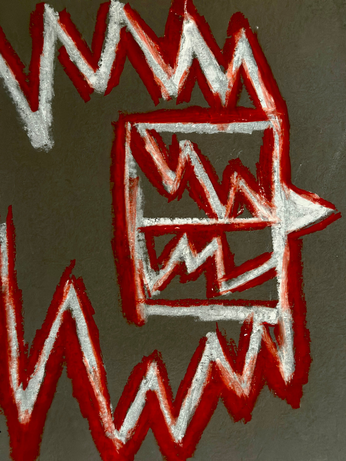 Graphic red and white grease marker drawing on a 9x12 sketchpad sheet by artist SAINT KYRIAKI Katie Chonacas. Features an overstimulated lightning bolt pattern exploring neuroscience and behavioral science.