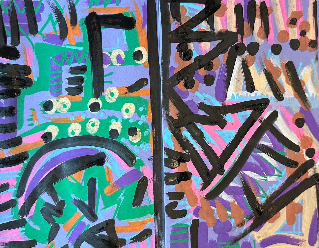 Spontaneous travel art on a repurposed book page substrate by SAINT KYRIAKI. Shows rapid black ink marker lines layered over soft pastel blends of sea foam green and deep violet, capturing the LIRR train window.