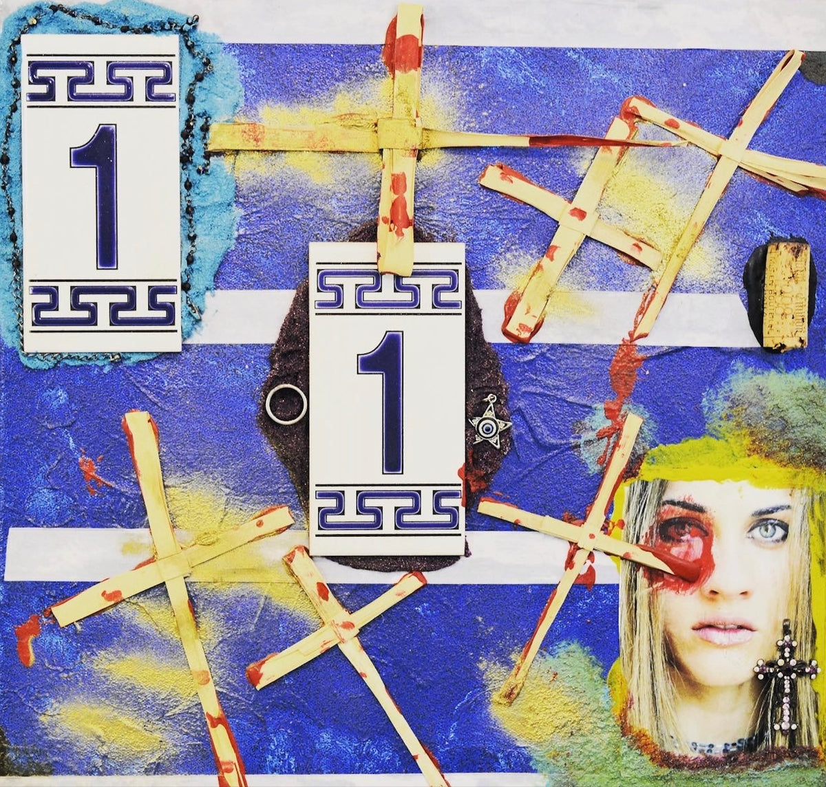 3D mixed-media collage on 24x24 canvas by artist SAINT KYRIAKI. Includes authentic Greek ceramic house number tiles from Mykonos, preserved Palm Sunday crosses, white Chanel ribbons, and heirloom jewelry.