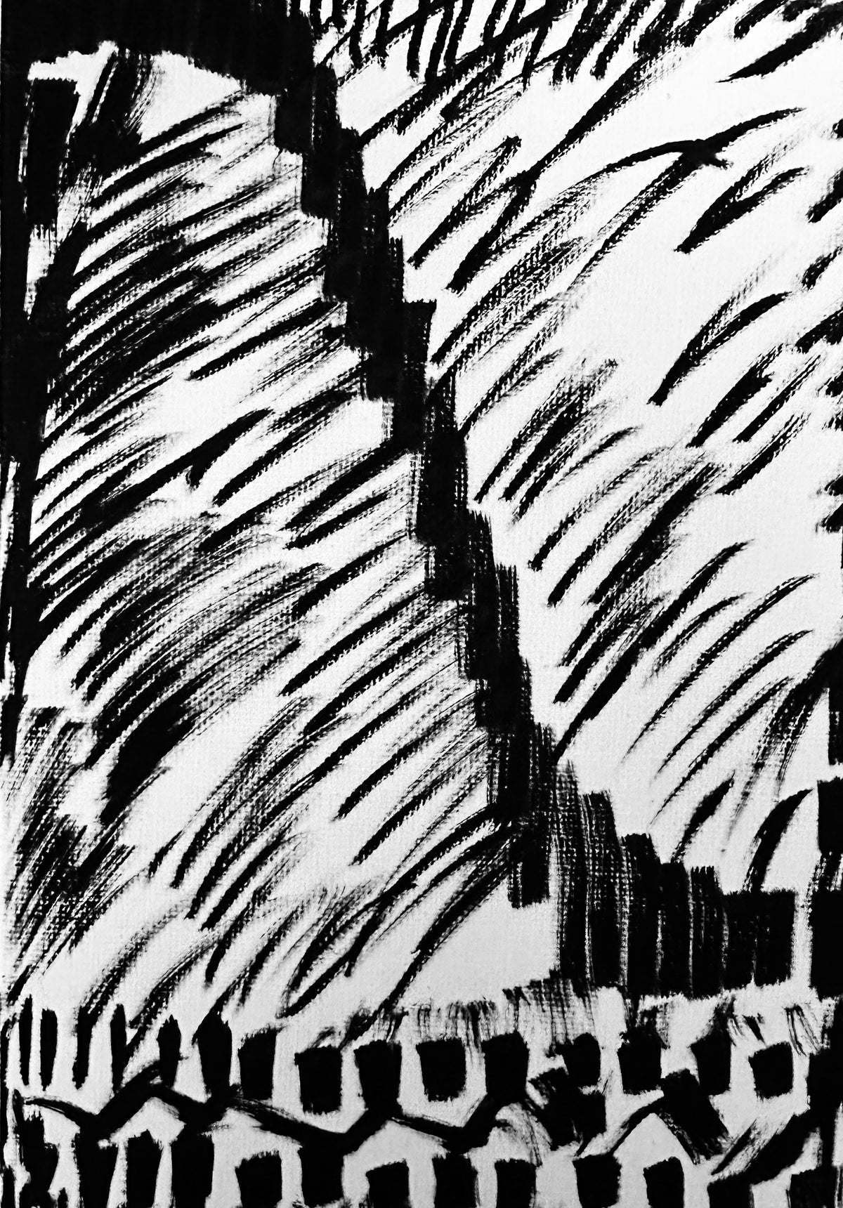 Minimalist black ink marker drawing on fine cotton canvas panel by SAINT KYRIAKI Katie Chonacas. Features a sharp diagonal staircase dividing dense, high-contrast dark cross-hatch shading inspired by Ansel Adams.