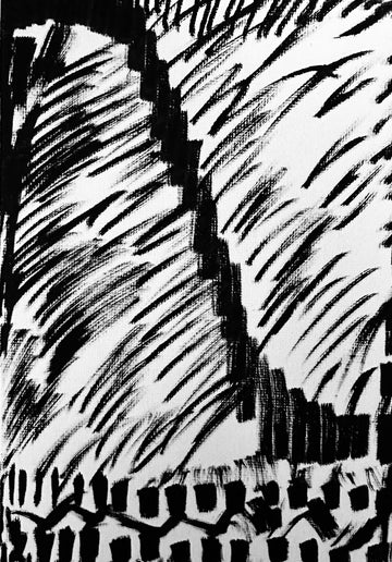 Minimalist black ink marker drawing on fine cotton canvas panel by SAINT KYRIAKI Katie Chonacas. Features a sharp diagonal staircase dividing dense, high-contrast dark cross-hatch shading inspired by Ansel Adams.