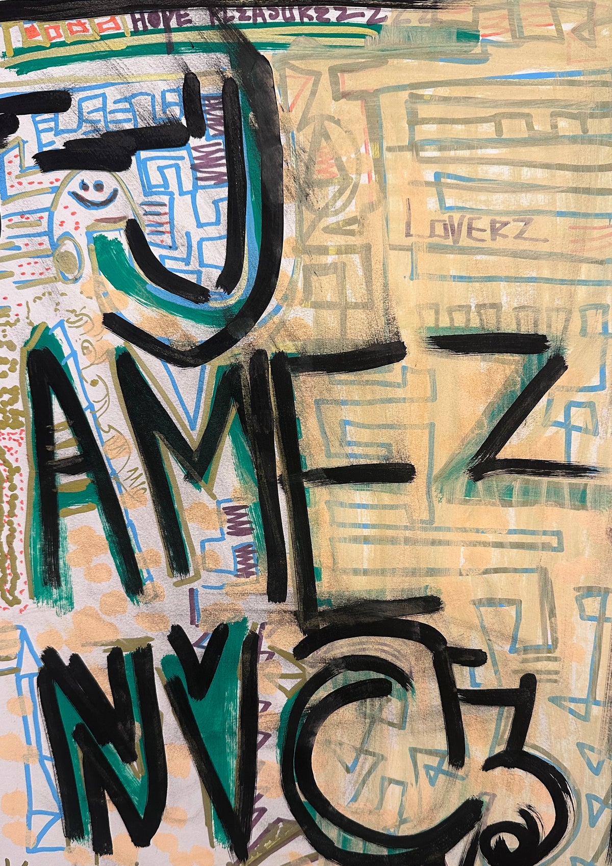 Pop art style street graphic doodle drawing using heavy black block typography reading AMZ NYC and LOVERZ on paper by SAINT KYRIAKI. Homage to Keith Haring maze lines mapping urban cosmic destiny.