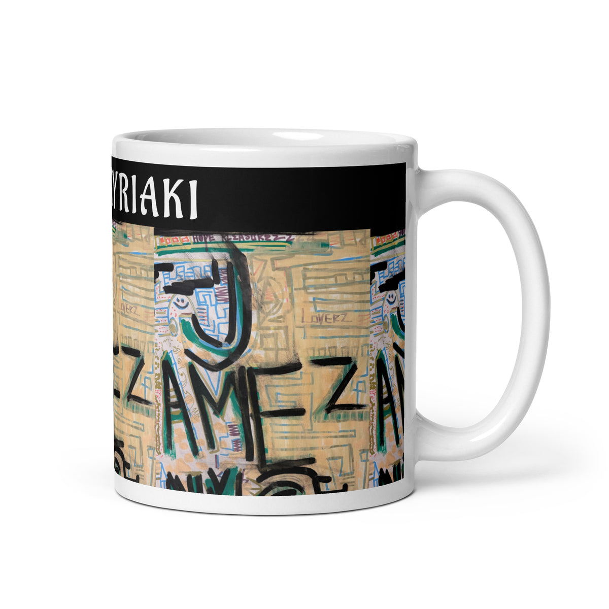 Pop art style street graphic doodle drawing using heavy black block typography reading AMZ NYC and LOVERZ on paper by SAINT KYRIAKI. Homage to Keith Haring maze lines mapping urban cosmic destiny.
