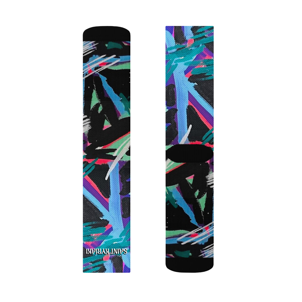 Vibrant abstract expressionist painting featuring electric cyan, neon magenta, and hot pink chevron paths over a dense black ground by SAINT KYRIAKI. Sharp white paint marker strokes evoke cosmic energy.