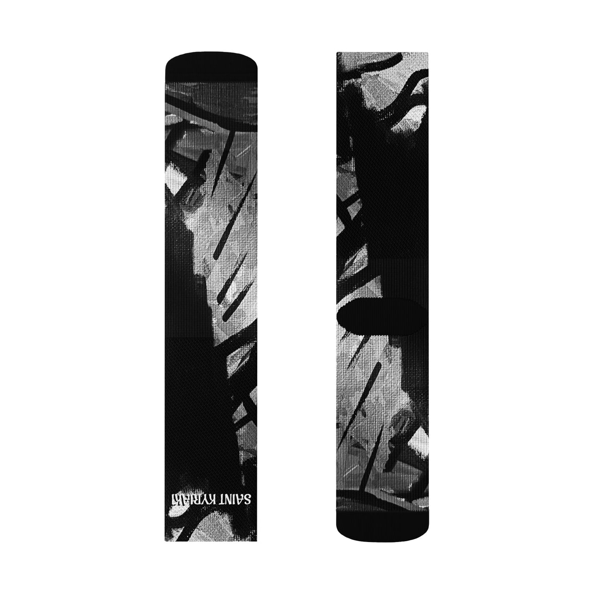 High-contrast monochrome digital photograph print of an original solar eclipse mixed media painting by artist SAINT KYRIAKI Katie Chonacas. Features a bold black sun void and sharp graphic architectural cross-hatch shadows.