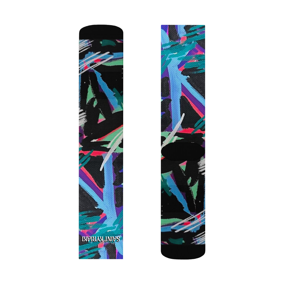 Vibrant abstract expressionist painting featuring electric cyan, neon magenta, and hot pink chevron paths over a dense black ground by SAINT KYRIAKI. Sharp white paint marker strokes evoke cosmic energy.