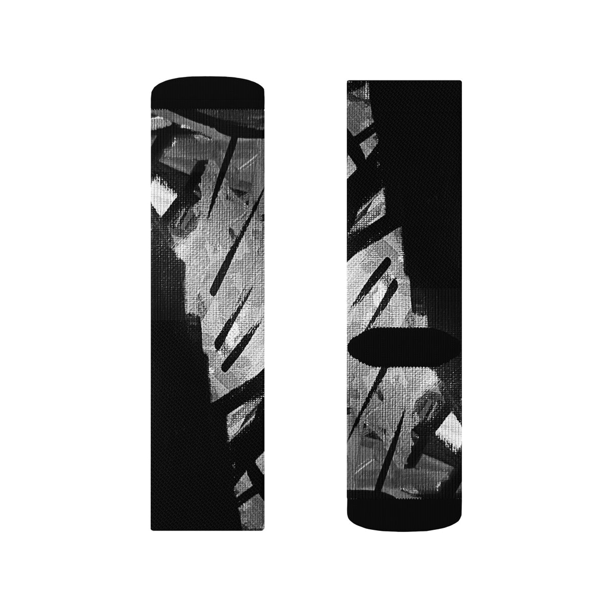 High-contrast monochrome digital photograph print of an original solar eclipse mixed media painting by artist SAINT KYRIAKI Katie Chonacas. Features a bold black sun void and sharp graphic architectural cross-hatch shadows.