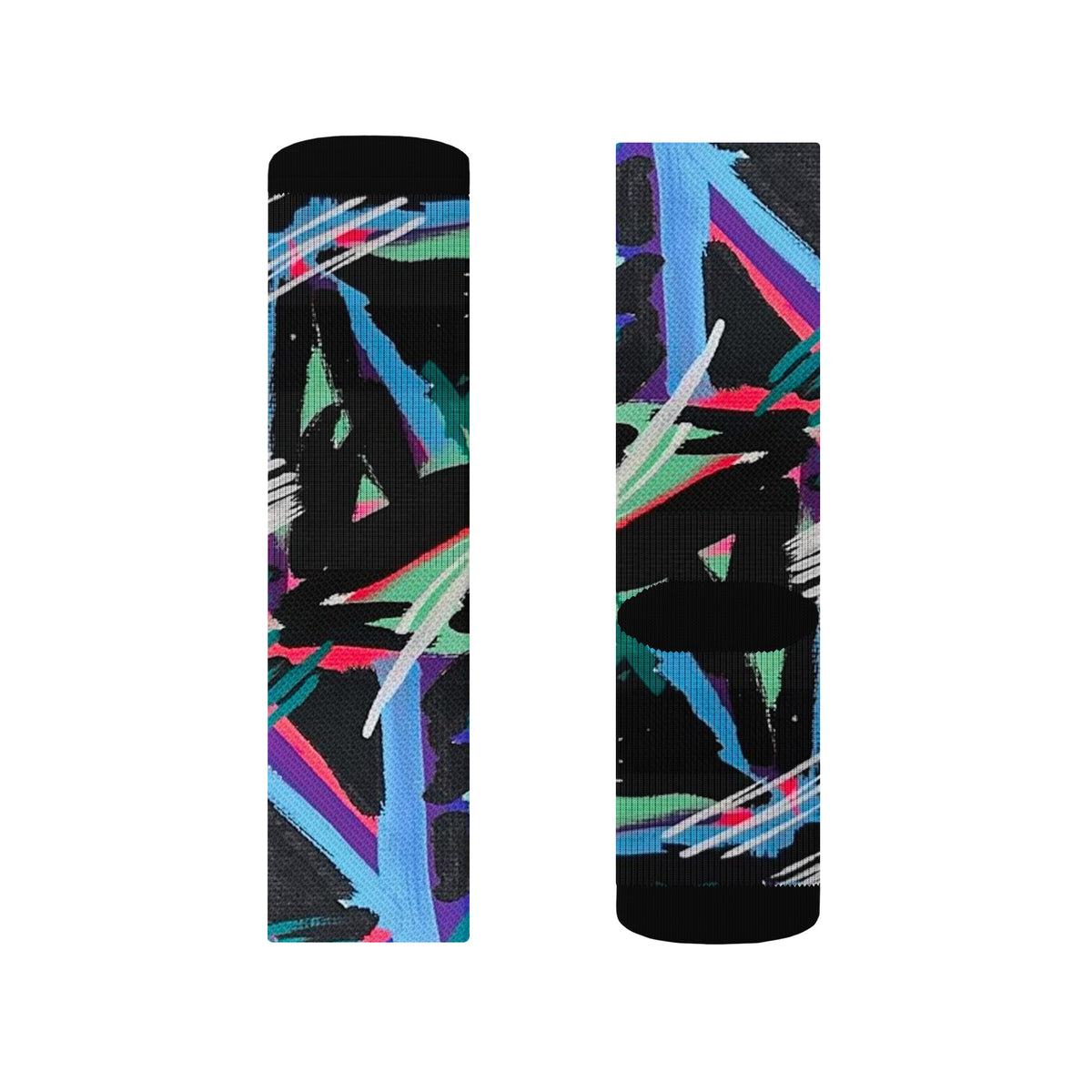Vibrant abstract expressionist painting featuring electric cyan, neon magenta, and hot pink chevron paths over a dense black ground by SAINT KYRIAKI. Sharp white paint marker strokes evoke cosmic energy.